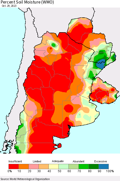 Southern South America Percent Soil Moisture (WMO) Thematic Map For 10/23/2023 - 10/29/2023