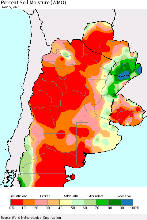 Southern South America Percent Soil Moisture (WMO) Thematic Map For 10/30/2023 - 11/5/2023
