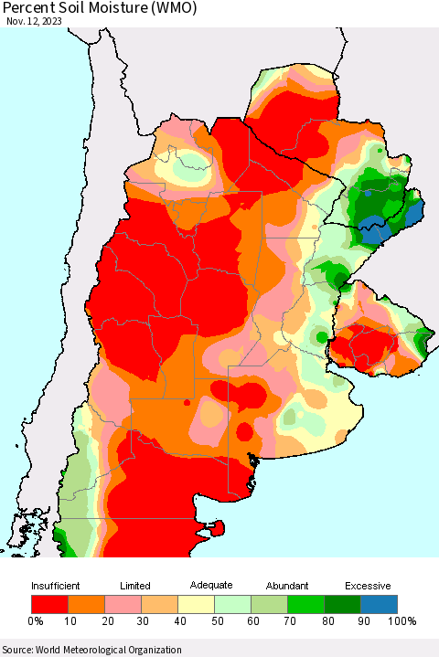 Southern South America Percent Soil Moisture (WMO) Thematic Map For 11/6/2023 - 11/12/2023