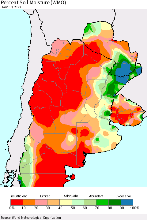 Southern South America Percent Soil Moisture (WMO) Thematic Map For 11/13/2023 - 11/19/2023