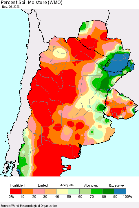 Southern South America Percent Soil Moisture (WMO) Thematic Map For 11/20/2023 - 11/26/2023