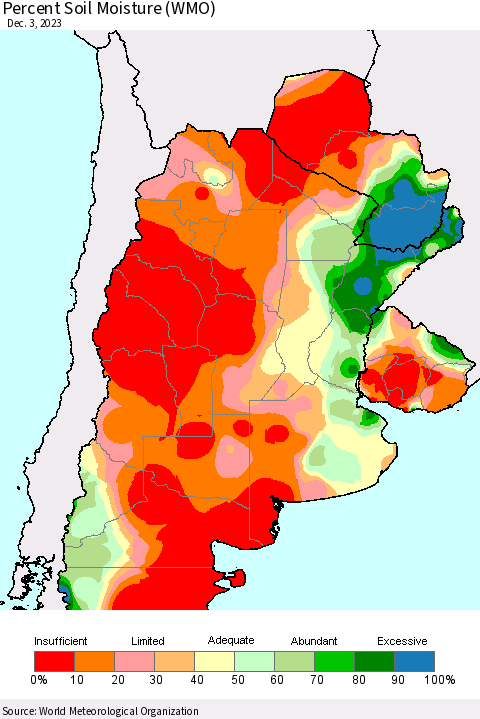 Southern South America Percent Soil Moisture (WMO) Thematic Map For 11/27/2023 - 12/3/2023