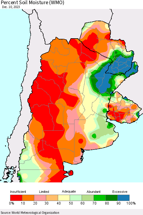 Southern South America Percent Soil Moisture (WMO) Thematic Map For 12/4/2023 - 12/10/2023