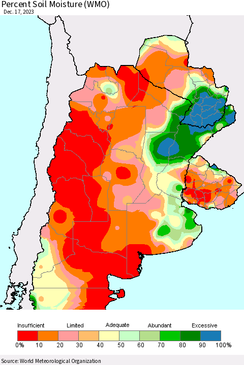 Southern South America Percent Soil Moisture (WMO) Thematic Map For 12/11/2023 - 12/17/2023