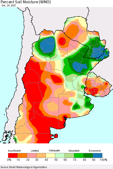 Southern South America Percent Soil Moisture (WMO) Thematic Map For 12/18/2023 - 12/24/2023