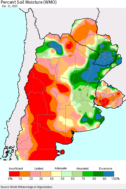Southern South America Percent Soil Moisture (WMO) Thematic Map For 12/25/2023 - 12/31/2023