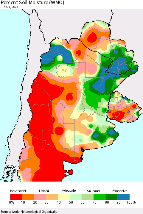 Southern South America Percent Soil Moisture (WMO) Thematic Map For 1/1/2024 - 1/7/2024