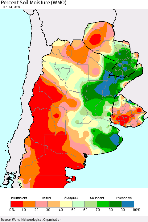 Southern South America Percent Soil Moisture (WMO) Thematic Map For 1/8/2024 - 1/14/2024
