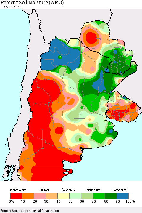 Southern South America Percent Soil Moisture (WMO) Thematic Map For 1/15/2024 - 1/21/2024