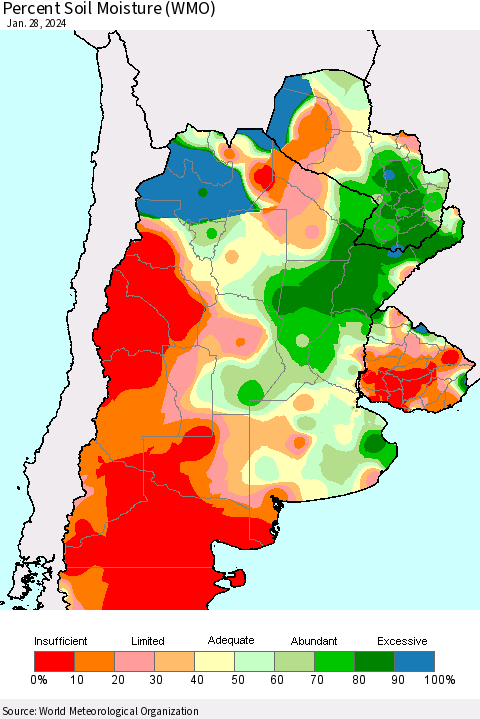 Southern South America Percent Soil Moisture (WMO) Thematic Map For 1/22/2024 - 1/28/2024