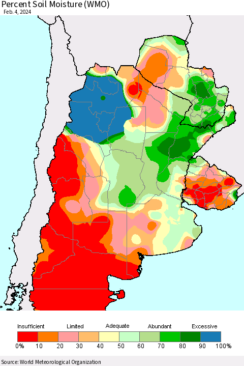 Southern South America Percent Soil Moisture (WMO) Thematic Map For 1/29/2024 - 2/4/2024