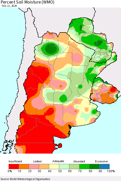 Southern South America Percent Soil Moisture (WMO) Thematic Map For 2/5/2024 - 2/11/2024