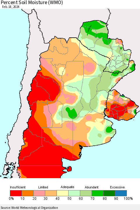Southern South America Percent Soil Moisture (WMO) Thematic Map For 2/12/2024 - 2/18/2024