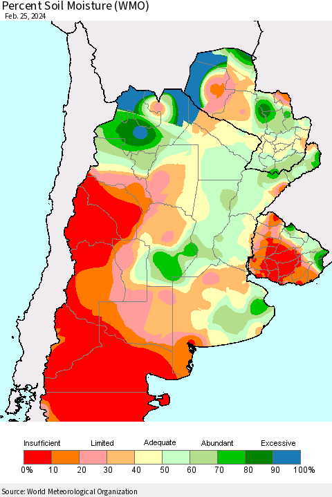 Southern South America Percent Soil Moisture (WMO) Thematic Map For 2/19/2024 - 2/25/2024