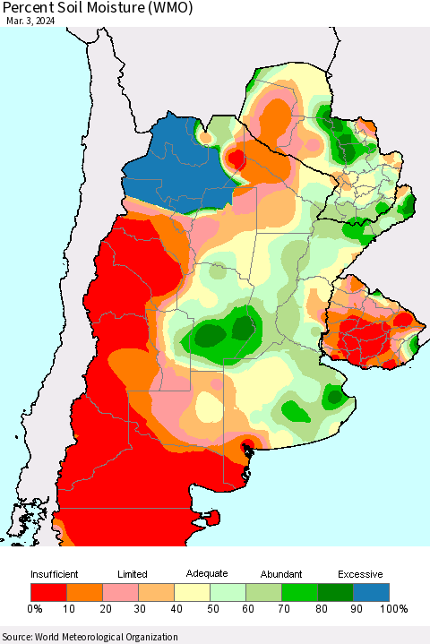Southern South America Percent Soil Moisture (WMO) Thematic Map For 2/26/2024 - 3/3/2024