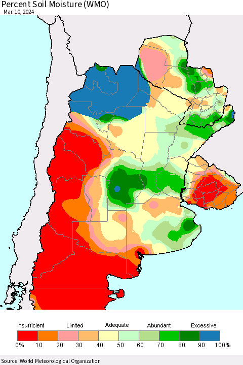 Southern South America Percent Soil Moisture (WMO) Thematic Map For 3/4/2024 - 3/10/2024