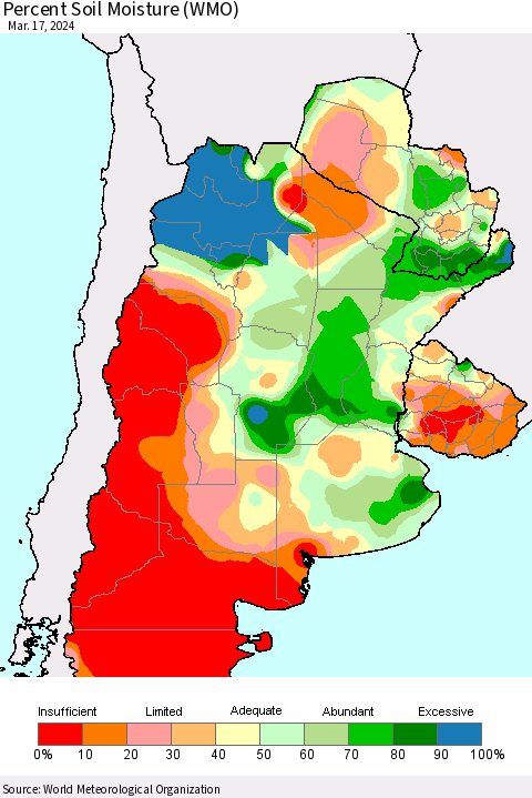 Southern South America Percent Soil Moisture (WMO) Thematic Map For 3/11/2024 - 3/17/2024