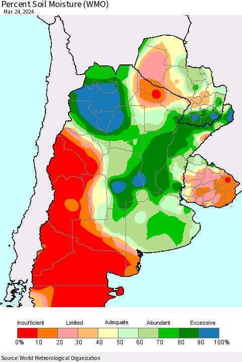 Southern South America Percent Soil Moisture (WMO) Thematic Map For 3/18/2024 - 3/24/2024