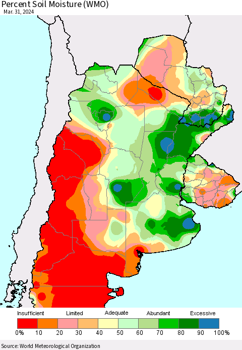 Southern South America Percent Soil Moisture (WMO) Thematic Map For 3/25/2024 - 3/31/2024