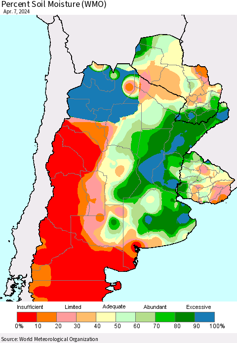 Southern South America Percent Soil Moisture (WMO) Thematic Map For 4/1/2024 - 4/7/2024