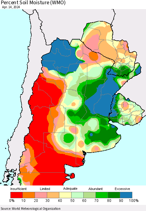 Southern South America Percent Soil Moisture (WMO) Thematic Map For 4/8/2024 - 4/14/2024
