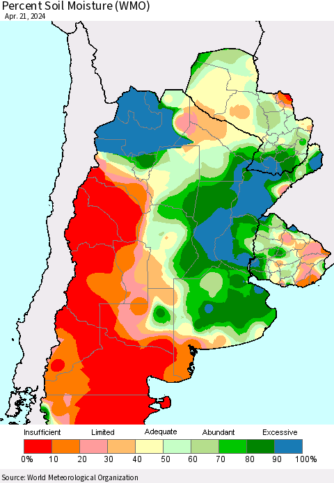 Southern South America Percent Soil Moisture (WMO) Thematic Map For 4/15/2024 - 4/21/2024