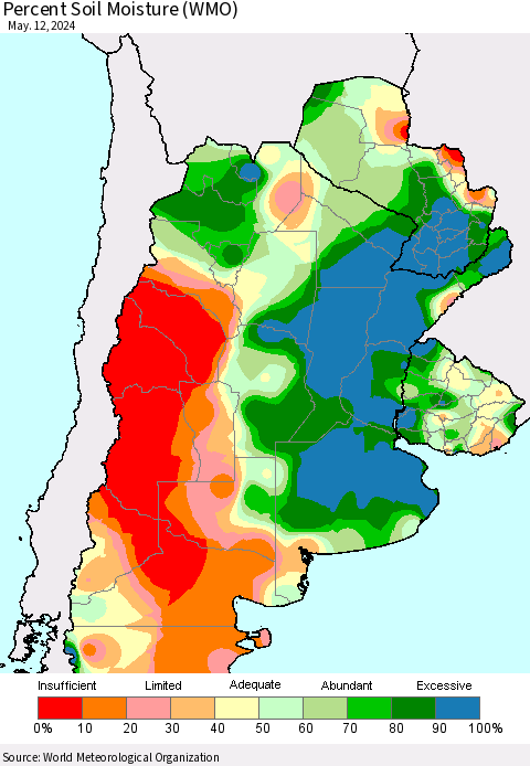 Southern South America Percent Soil Moisture (WMO) Thematic Map For 5/6/2024 - 5/12/2024