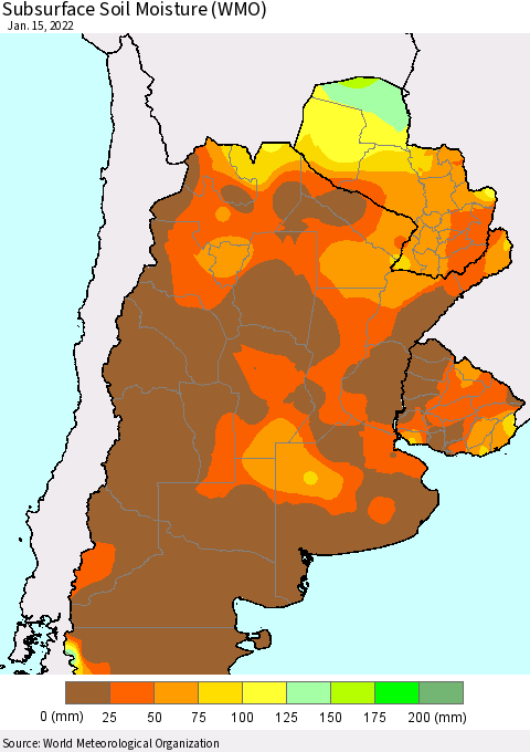 Southern South America Subsurface Soil Moisture (WMO) Thematic Map For 1/11/2022 - 1/15/2022