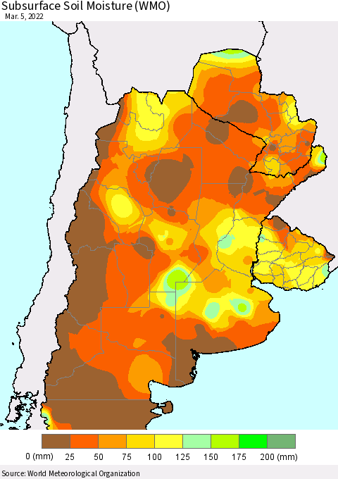 Southern South America Subsurface Soil Moisture (WMO) Thematic Map For 3/1/2022 - 3/5/2022