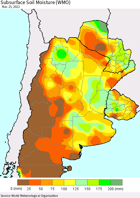 Southern South America Subsurface Soil Moisture (WMO) Thematic Map For 3/21/2022 - 3/25/2022