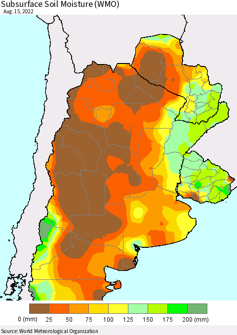Southern South America Subsurface Soil Moisture (WMO) Thematic Map For 8/11/2022 - 8/15/2022