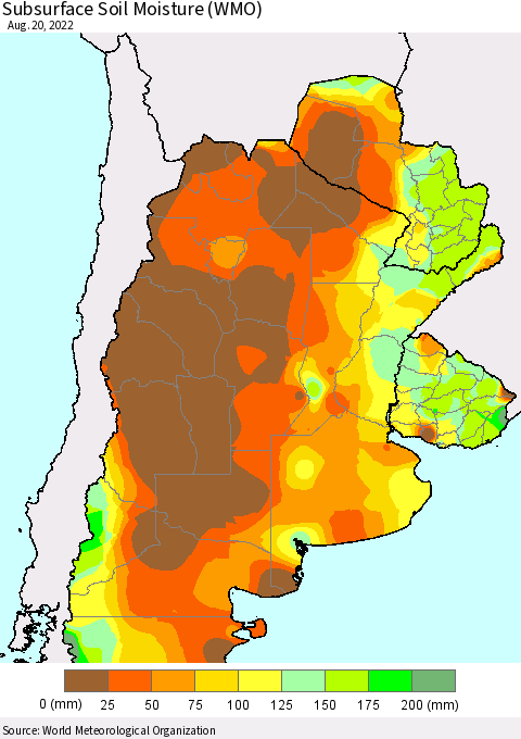 Southern South America Subsurface Soil Moisture (WMO) Thematic Map For 8/16/2022 - 8/20/2022
