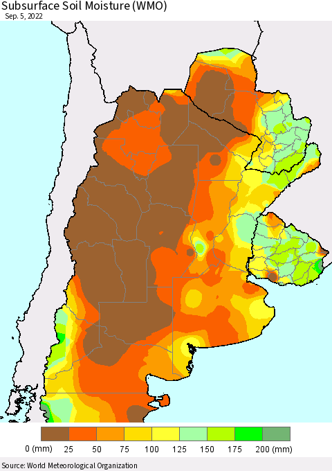 Southern South America Subsurface Soil Moisture (WMO) Thematic Map For 9/1/2022 - 9/5/2022