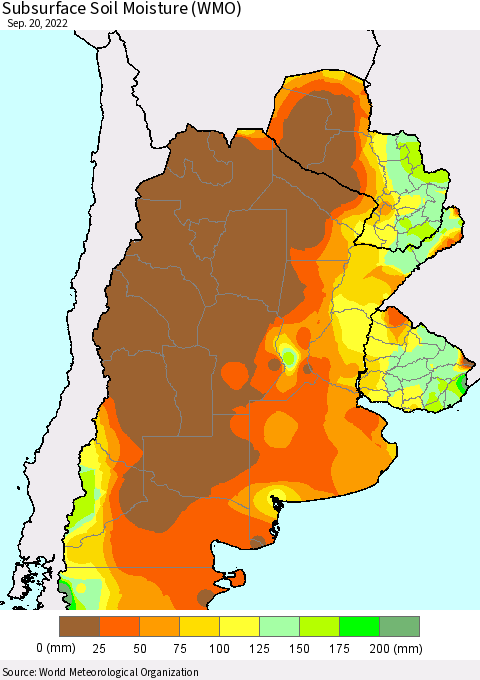 Southern South America Subsurface Soil Moisture (WMO) Thematic Map For 9/16/2022 - 9/20/2022