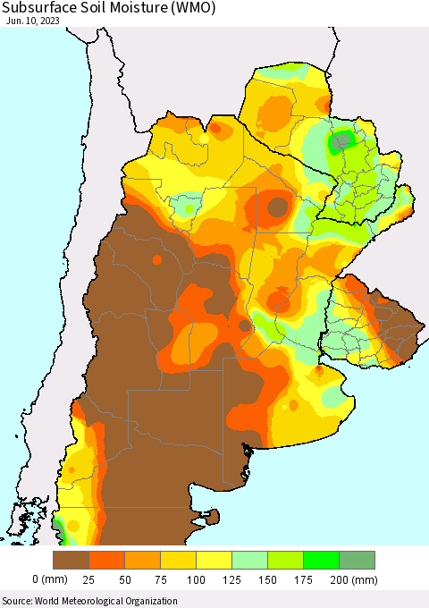 Southern South America Subsurface Soil Moisture (WMO) Thematic Map For 6/6/2023 - 6/10/2023
