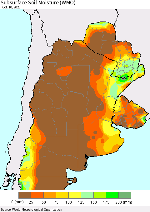 Southern South America Subsurface Soil Moisture (WMO) Thematic Map For 10/6/2023 - 10/10/2023