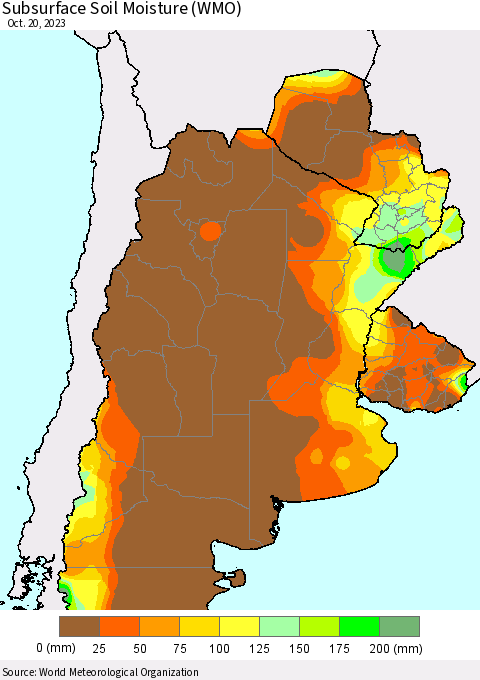 Southern South America Subsurface Soil Moisture (WMO) Thematic Map For 10/16/2023 - 10/20/2023