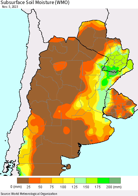 Southern South America Subsurface Soil Moisture (WMO) Thematic Map For 11/1/2023 - 11/5/2023