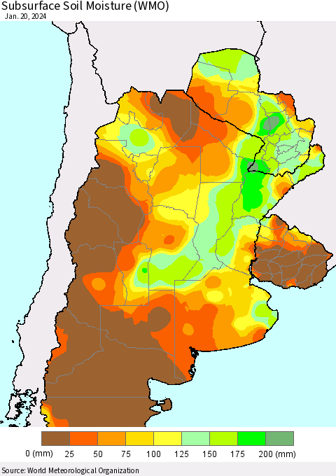 Southern South America Subsurface Soil Moisture (WMO) Thematic Map For 1/16/2024 - 1/20/2024