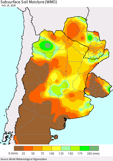 Southern South America Subsurface Soil Moisture (WMO) Thematic Map For 2/21/2024 - 2/25/2024
