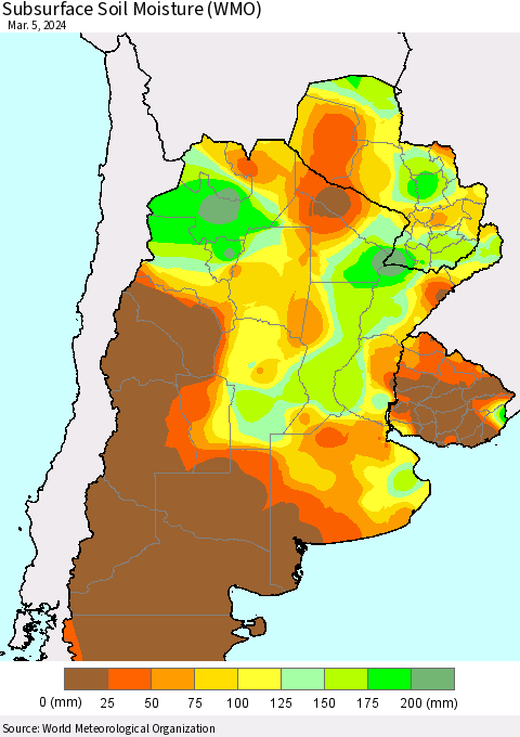 Southern South America Subsurface Soil Moisture (WMO) Thematic Map For 3/1/2024 - 3/5/2024