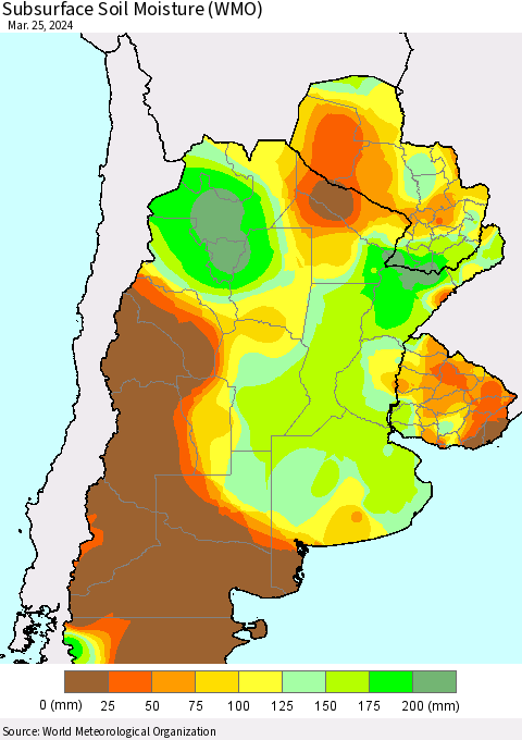 Southern South America Subsurface Soil Moisture (WMO) Thematic Map For 3/21/2024 - 3/25/2024