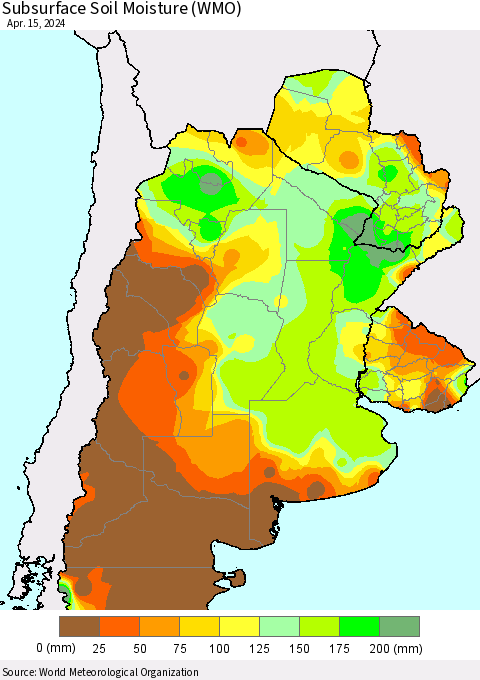Southern South America Subsurface Soil Moisture (WMO) Thematic Map For 4/11/2024 - 4/15/2024