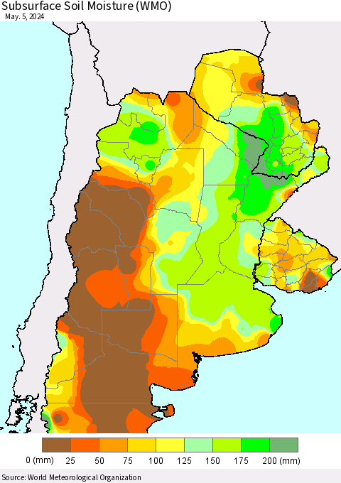Southern South America Subsurface Soil Moisture (WMO) Thematic Map For 5/1/2024 - 5/5/2024