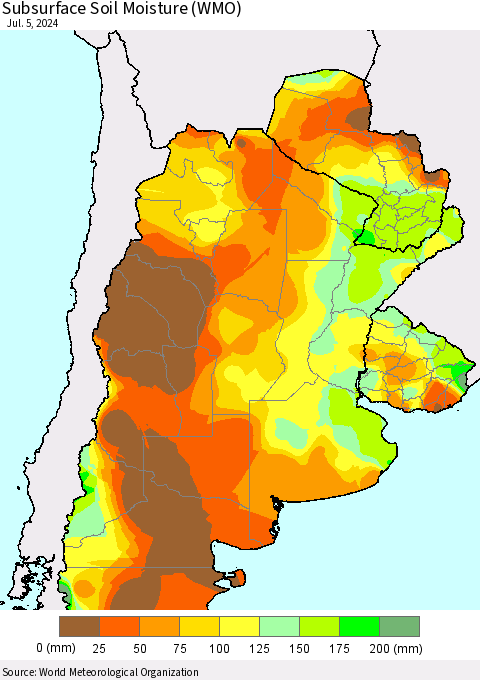 Southern South America Subsurface Soil Moisture (WMO) Thematic Map For 7/1/2024 - 7/5/2024