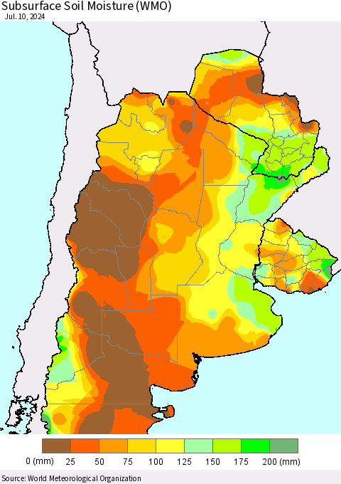 Southern South America Subsurface Soil Moisture (WMO) Thematic Map For 7/6/2024 - 7/10/2024