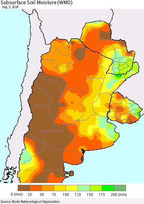 Southern South America Subsurface Soil Moisture (WMO) Thematic Map For 8/1/2024 - 8/5/2024