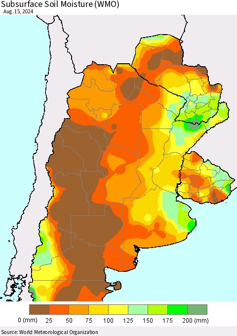 Southern South America Subsurface Soil Moisture (WMO) Thematic Map For 8/11/2024 - 8/15/2024