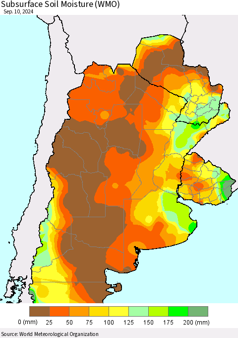 Southern South America Subsurface Soil Moisture (WMO) Thematic Map For 9/6/2024 - 9/10/2024