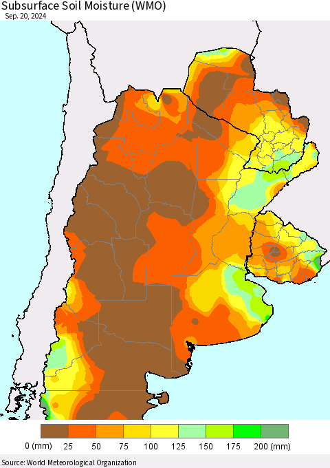 Southern South America Subsurface Soil Moisture (WMO) Thematic Map For 9/16/2024 - 9/20/2024
